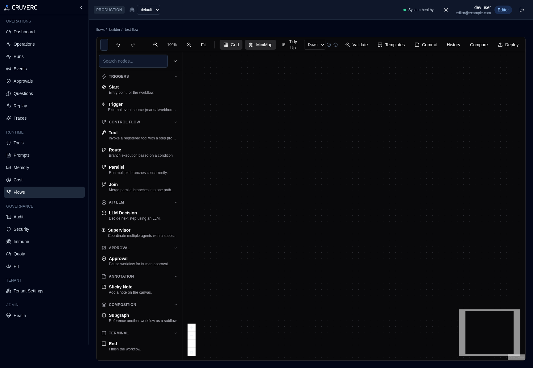 Cruvero flow builder and new run orchestration view